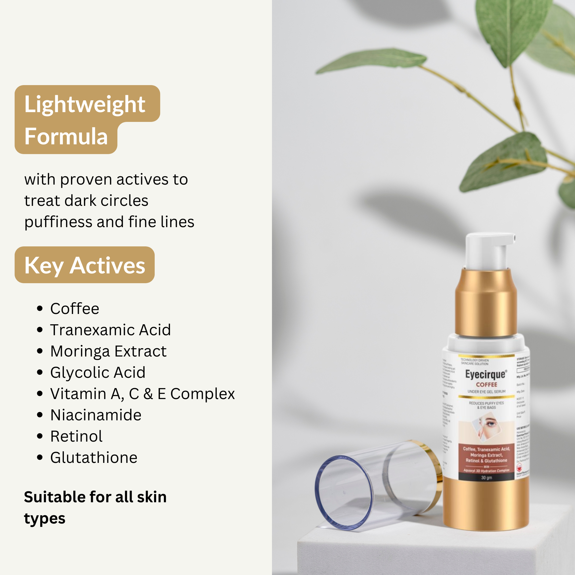Coffee Under Eye Gel Serum for Dark Circles, Puffy Eyes, Eye Bags & Wrinkles